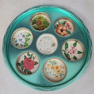 Vtg Beverage Serving Tray Vermont NH Aqua Blue Teal Gold Floral Flower Map 11"